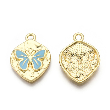 Rack Plating Alloy Enamel Pendants, Cadmium Free & Nickel Free & Lead Free, Light Gold, Oval with Butterfly Charm, Sky Blue, 24x18x3mm, Hole: 2.2mm