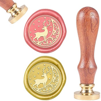 DIY Scrapbook, Brass Wax Seal Stamp and Wood Handle Sets, Reindeer/Stag, Golden, 8.9x2.5cm, Stamps: 25x14.5mm