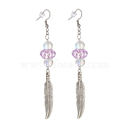 Feather with Round Beads Long Dangle Earrings for Girl Women, Antique Silver, Medium Orchid, 95.5mm, Pin: 0.7mm(EJEW-JE04681-05)