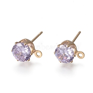 Brass Stud Earring Findings, with 316 Surgical Stainless Steel Pin, Cubic Zirconia and Loop, Long-Lasting Plated, Flat Round, Real 14K Gold Plated, Lilac, 8x6x5.5mm, Hole: 1mm, Pin: 0.7mm(KK-L199-B03-G)