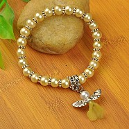 Lovely Wedding Dress Angel Bracelets for Kids, Carnival Stretch Bracelets, with Glass Pearl Beads and Tibetan Style Beads, Champagne Yellow, 45mm(BJEW-JB00727-12)