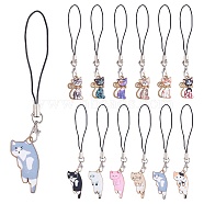 Alloy Enamel Cat Pendant Decorations, with Polyester Cord Mobile Straps, Golden, 90~100mm, 12pcs/set(HJEW-SW00015)