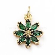 Rack Plating Brass Micro Pave Cubic Zirconia Charms, Long-Lasting Plated, Lead Free & Cadmium Free, Real 18K Gold Plated, Flower, Dark Green, 14.5x12x3mm, Hole: 3mm(ZIRC-F129-34A-G)