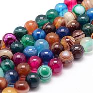 Natural Striped Agate/Banded Agate Bead Strands, Round, Dyed & Heated, Colorful, 8mm, Hole: 1mm, about 47~48pcs/strand, 14.5 inch(G-K155-A-8mm-12)