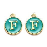 Golden Plated Alloy Enamel Charms, Enamelled Sequins, Flat Round with Alphabet, Letter.F, Green, 14x12x2mm, Hole: 1.5mm(X-ENAM-Q437-15F)