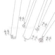 304 Stainless Steel Jewelry Sets, Brass Micro Pave Cubic Zirconia Pendant Necklaces and 304 Stainless Steel Stud Earrings, with Ear Nuts/Earring Back, Mixed Shapes, Stainless Steel Color, 17.3~18.8 inch(44~48cm), 5.5x4mm, Pin: 0.8mm(SJEW-F211-04-P)