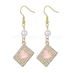 Alloy Crystal Rhinestone Rectangle with Heart Dangle Earrings, Imitated Pearl Acrylic Beaded Drop Earrings with Enamel, Pink, 47~55x18mm(EJEW-JE05491-03)