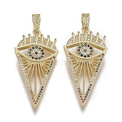 Brass Micro Pave Clear and Black Cubic Zirconia Pendants, Long-Lasting Plated, with Snap on Bails, Kite with Eye, Real 18K Gold Plated, 40x18x2mm, Hole: 5x3mm(X-ZIRC-A011-42G)