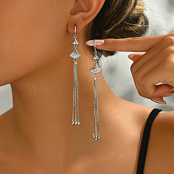 Elegant Brass Clear Cubic Zirconia Fan-shaped Tassel Hoop Earrings for Stylish Fairy Look, Silver, 105x13mm(BC8237)