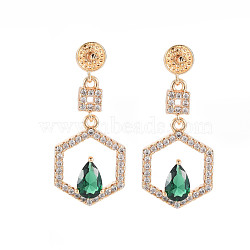 Brass Micro Pave Cubic Zirconia Stud Earring Findings, for Half Drilled Beads, Nickel Free, Pad Lock with Hexagon, Real 18K Gold Plated, Green, 25x11mm, Pin: 0.6mm, pin: 0.6(for half drilled beads)(KK-S364-045)