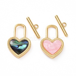 Paua Shell & Pink Shell Toggle Clasps, with Brass Findings, Heart Lock, Real 18K Gold Plated, Bar: 14.5x4x1.5mm, Hole: 1.5mm, Heart: 20.5x13x3mm(KK-E068-VC172)
