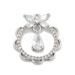 Brass Pave Clear Cubic Zirconia Pendants, Cadmium Free & Nickel Free & Lead Free, Flat Round with Teardrop, Platinum, 19x16.5x3.5mm, Hole: 1.4mm(KK-Z061-10P)