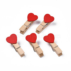 Wooden Craft Pegs Clips with Heart Beads, Red, 35x7mm(WOOD-R249-006)