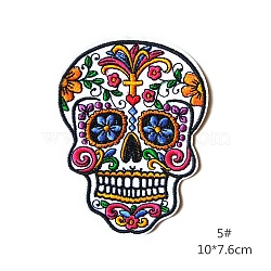 Sugar Skull Appliques for Cinco de Mayo, Computerized Embroidery Cloth Iron On/Sew On Patches, Costume Accessories, White, 100x75~76mm(FEST-PW0001-046E)