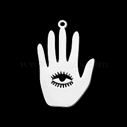 Non-Tarnish 201 Stainless Steel Pendants, Laser Cut, Palm with Eye, Stainless Steel Color, 30x18x1mm, Hole: 1.6mm(STAS-T056-LA323-1)