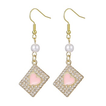 Alloy Crystal Rhinestone Rectangle with Heart Dangle Earrings, Imitated Pearl Acrylic Beaded Drop Earrings with Enamel, Pink, 47~55x18mm
