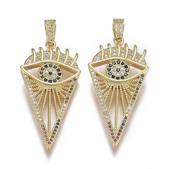 Brass Micro Pave Clear and Black Cubic Zirconia Pendants, Long-Lasting Plated, with Snap on Bails, Kite with Eye, Real 18K Gold Plated, 40x18x2mm, Hole: 5x3mm
