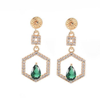 Brass Micro Pave Cubic Zirconia Stud Earring Findings, for Half Drilled Beads, Nickel Free, Pad Lock with Hexagon, Real 18K Gold Plated, Green, 25x11mm, Pin: 0.6mm, pin: 0.6(for half drilled beads)