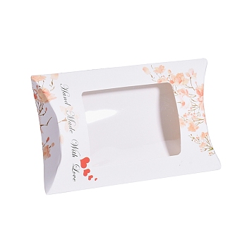 Paper Pillow Boxes, Gift Candy Packing Box, with Clear Window, Floral Pattern, White, 12.5x8x2.2cm