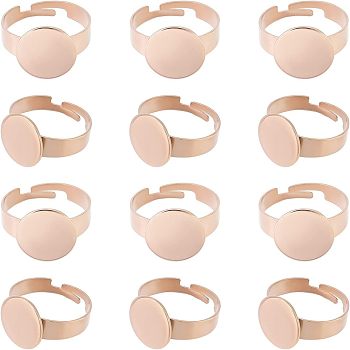 12Pcs Adjustable 304 Stainless Steel Finger Rings Components, Pad Ring Base Findings, Flat Round, Rose Gold, Inner Diameter: 17mm, Tray: 12mm