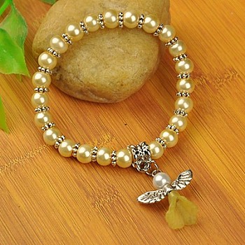 Lovely Wedding Dress Angel Bracelets for Kids, Carnival Stretch Bracelets, with Glass Pearl Beads and Tibetan Style Beads, Champagne Yellow, 45mm