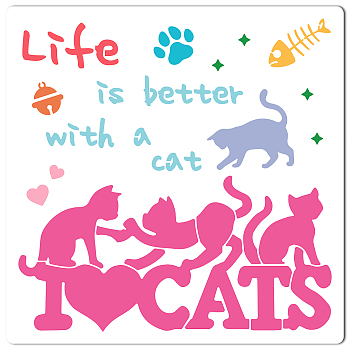 PET Plastic Hollow Out Drawing Painting Stencils Templates, Square, Cat Pattern, 300x300mm