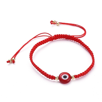 Adjustable Nylon Thread Braided Bead Bracelets, Red String Bracelets, with Handmade Evil Eye Lampwork Beads and Brass Beads, Red, Inner Diameter: 2-1/2 inch~4-1/8 inch(6.5~10.5cm)