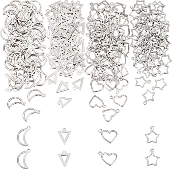 240Pcs 4 Style 304 Stainless Steel Open Pendants, Mixed Shape, Stainless Steel Color, 10~15x9~14x0.5~0.8mm, Hole: 1~1.4mm, 60pcs/style