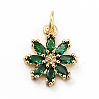 Rack Plating Brass Micro Pave Cubic Zirconia Charms, Long-Lasting Plated, Lead Free & Cadmium Free, Real 18K Gold Plated, Flower, Dark Green, 14.5x12x3mm, Hole: 3mm