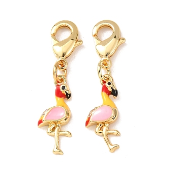 Brass Micro Pave Cubic Zirconia and Enamel Pendant Decoration, with Lobster Clasp, Rack Plating, Long-Lasting Plated, Cadmium Free & Lead Free, Golden, Flamingo Shape, 31mm