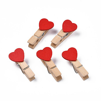 Wooden Craft Pegs Clips with Heart Beads, Red, 35x7mm