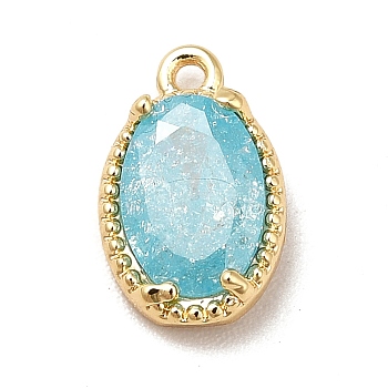 Glass Charms, with Real 18K Gold Plated Brass Findings, Faceted Oval, Pale Turquoise, 10x6x3mm, Hole: 0.9mm