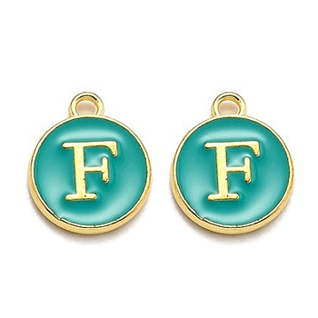 Golden Plated Alloy Enamel Charms, Enamelled Sequins, Flat Round with Alphabet, Letter.F, Green, 14x12x2mm, Hole: 1.5mm
