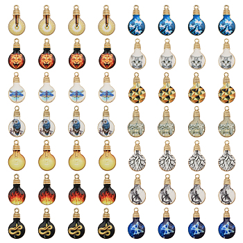 56Pcs 14 Styles Printed Alloy Enamel Pendants, Light Gold, Light Bulb, Mixed Patterns, 22x12x2.5mm, Hole: 1.8mm, 4pcs/style