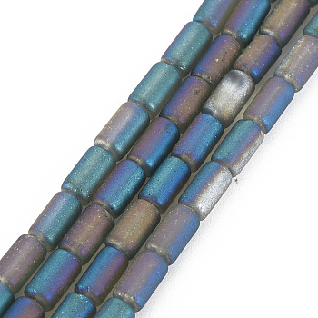 Electroplate Frosted Transparent Glass Beads Strands, Column, Turquoise, 7.5x4mm, Hole: 0.8mm, about 72Pcs/strand, 21.26 inch(54cm)