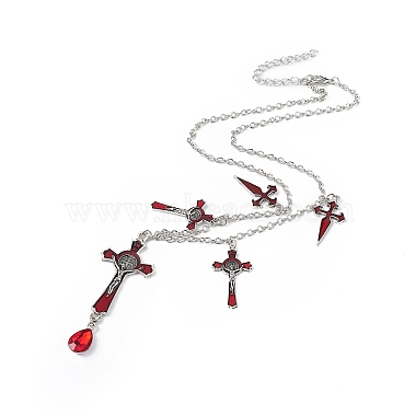 FireBrick Enamel Crucifix Cross with Plastic Teardrop Pendant Necklace & Dangle Earrings(SJEW-G081-02AS)-4