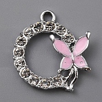 Alloy Enamel Pendants, with Rhinestone, Flat Round with Butterfly Charm, Platinum, Pink, 22x20x3mm, Hole: 2mm(PALLOY-WH0112-03P-03)