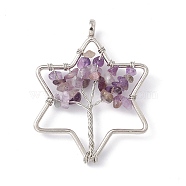 Star Natural Amethyst Copper Wire Wrapped Chip Big Pendants, Tree of Life Charm, with Platinum Tone Iron Findings, 59x46x8mm, Hole: 6.2mm(G-E195-02P)