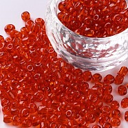 Glass Seed Beads, Transparent, Round, Round Hole, Red, 6/0, 4mm, Hole: 1.5mm, about 450pcs/50g, 50g/bag, 18bags/2pound(SEED-US0003-4mm-5)