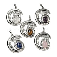 Natural Mixed Stone Pendants, Owl Charms with Rack Plating Brass Moon, Platinum, Cadmium Free & Lead Free, Mixed Dyed and Undyed, 38.5x31.5x8mm, Hole: 8x5mm(G-M434-03P)