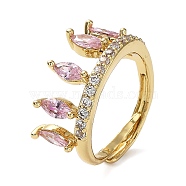Cubic Zirconia Crown Adjustable Rings, Rack Plating Real 18K Gold Plated Brass Ring, Lead Free & Cadmium Free, Long-Lasting Plated, Pearl Pink, Inner Diameter: 18mm(RJEW-Q777-10G-02)