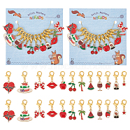 Red Series Stitch Markers, Alloy Enamel Crochet Lobster Clasp Charms, Locking Stitch Marker with Wine Glass Charm Ring, Star/Watermelon Slice/Apple, Mixed Color, 2.6~3.8cm, 12 style, 1pc/style, 12pcs/set(HJEW-AB00196)