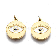 316 Surgical Stainless Steel Enamel Charms, with Jump Rings and Crystal Rhinestone, Real 14K Gold Plated, Flat Round with Eye, White, 11.5x10x1mm, Jump Ring: 2.7x0.4m, 1.9mm inner diameter(X-STAS-S116-381B-G)