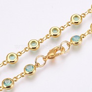 Faceted Glass Link Chain Necklaces, with Brass Findings, Flat Round, Sky Blue, Golden, 21.9 inch(55.5cm), 6mm(NJEW-F230-02G)