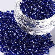 8/0 Glass Seed Beads, Silver Lined Round Hole, Round, Blue, 8/0, 3mm, Hole: 1mm, about 1111pcs/50g, 50g/bag, 18bags/2pounds(SEED-US0003-3mm-28)