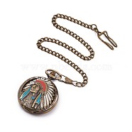 Alloy Enamel Quartz Pocket Watches, with Iron Chains, Flat Round with Indians, Antique Bronze, 16.5 inch(42cm)(WACH-L044-07AB)
