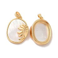 Brass Pendants, with Shell, Oval with Sun Charms, Golden, 24x17x5mm, Hole: 2.4x4.4mm(KK-I703-14G)