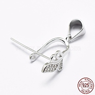 Rhodium Plated 925 Sterling Silver Micro Pave Cubic Zirconia Pendant Bails, Ice Pick & Pinch Bails, Leaf, Platinum, 17x6.5x19mm, Hole: 3x5mm, Pin: 0.6mm(STER-E053-45P)