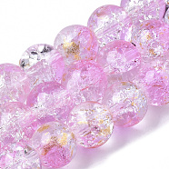 Transparent Spray Painted Crackle Glass Bead Strands, with Golden Foil, Round, Pearl Pink, 10~11mm, Hole: 1.4~1.6mm, about 39~42pcs/Strand, 14.84 inch~15.27 inch(37.7~38.8cm)(GLAA-N035-03D-A10)