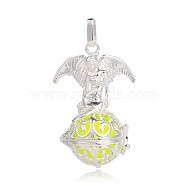Silver Color Plated Brass Hollow Round Cage Pendants, with No Hole Spray Painted Brass Beads, Yellow, 47x30x21mm, Hole: 3x8mm(KK-J248-04S)